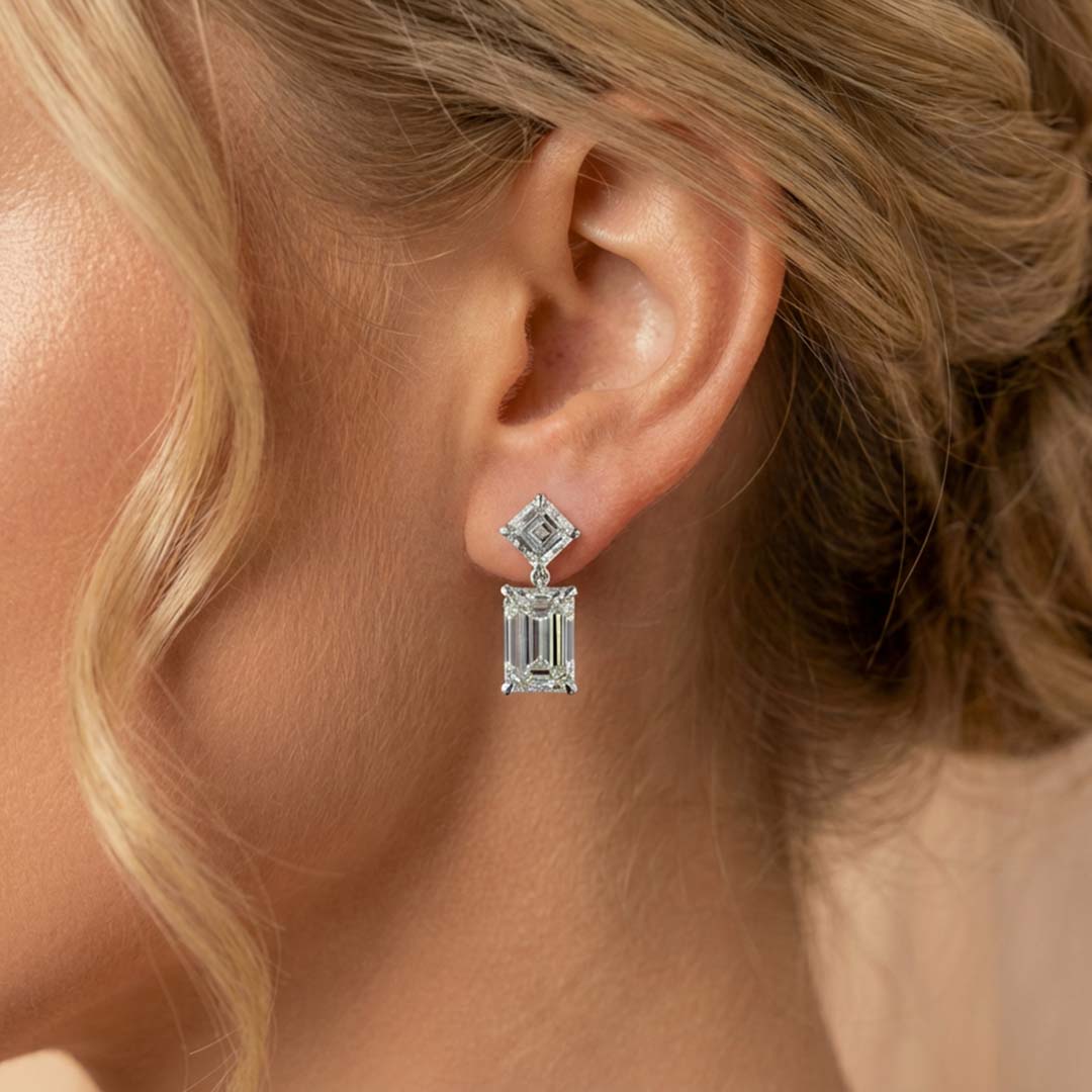 Asscher and Emerald Lab Grown Diamond Drop Earrings
