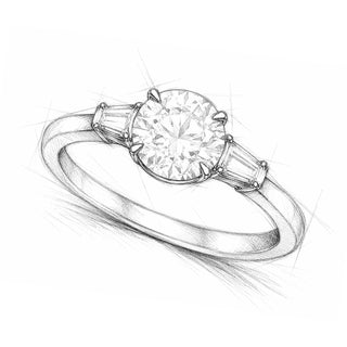 A black and white pencil sketch of a three-stone engagement ring with a round center stone and tapered baguette side stones on a white background.