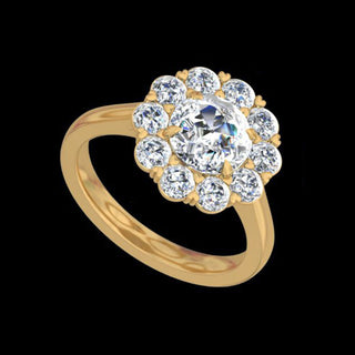Custom Old Euro floral halo engagement ring featuring intricate details and lab-grown diamonds, showcasing elegance and craftsmanship.
