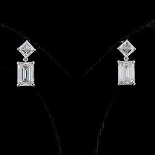 Asscher and emerald lab-grown diamond drop earrings with mixed cuts, hanging style, white gold setting, 8 carats total weight.