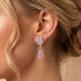 Pink pear and marquise lab-grown diamond cluster drop earrings with round accents in white gold, 5.5 carats total weight.