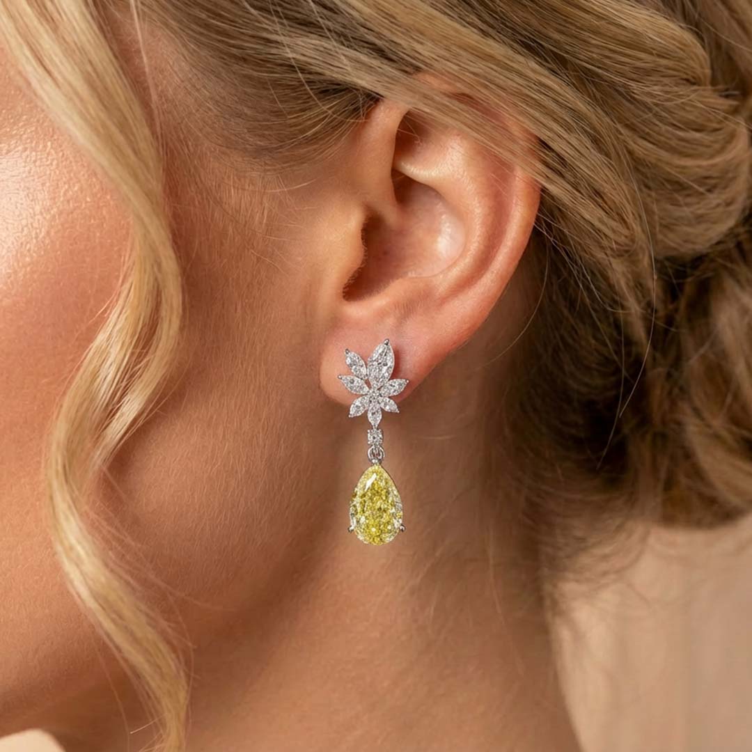 Yellow Pear Lab Grown Diamond Cluster Drop Earrings