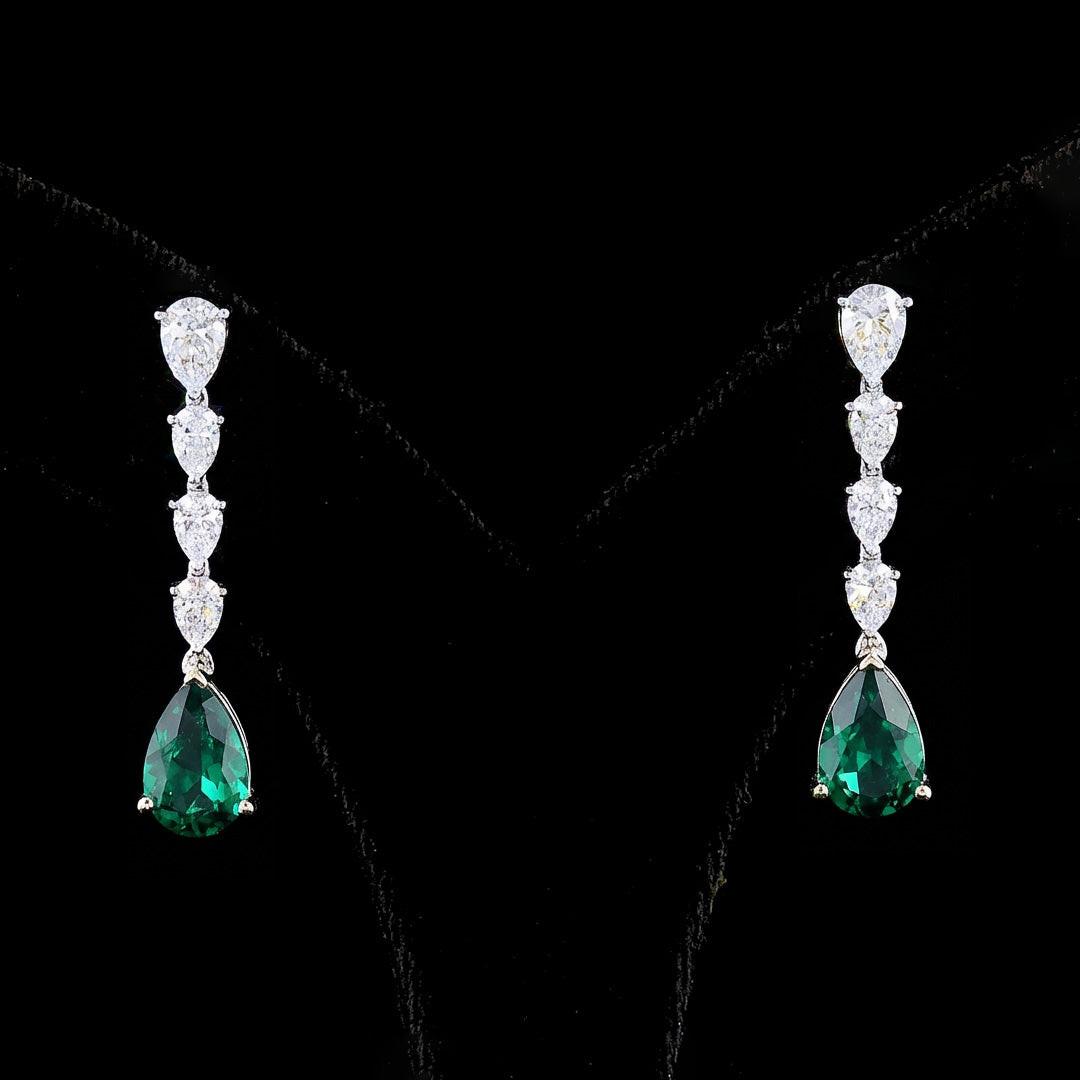 Pear Lab Grown Diamond and Green Emerald Drop Earrings