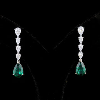 Pear Lab Grown Diamond and Green Emerald Drop Earrings
