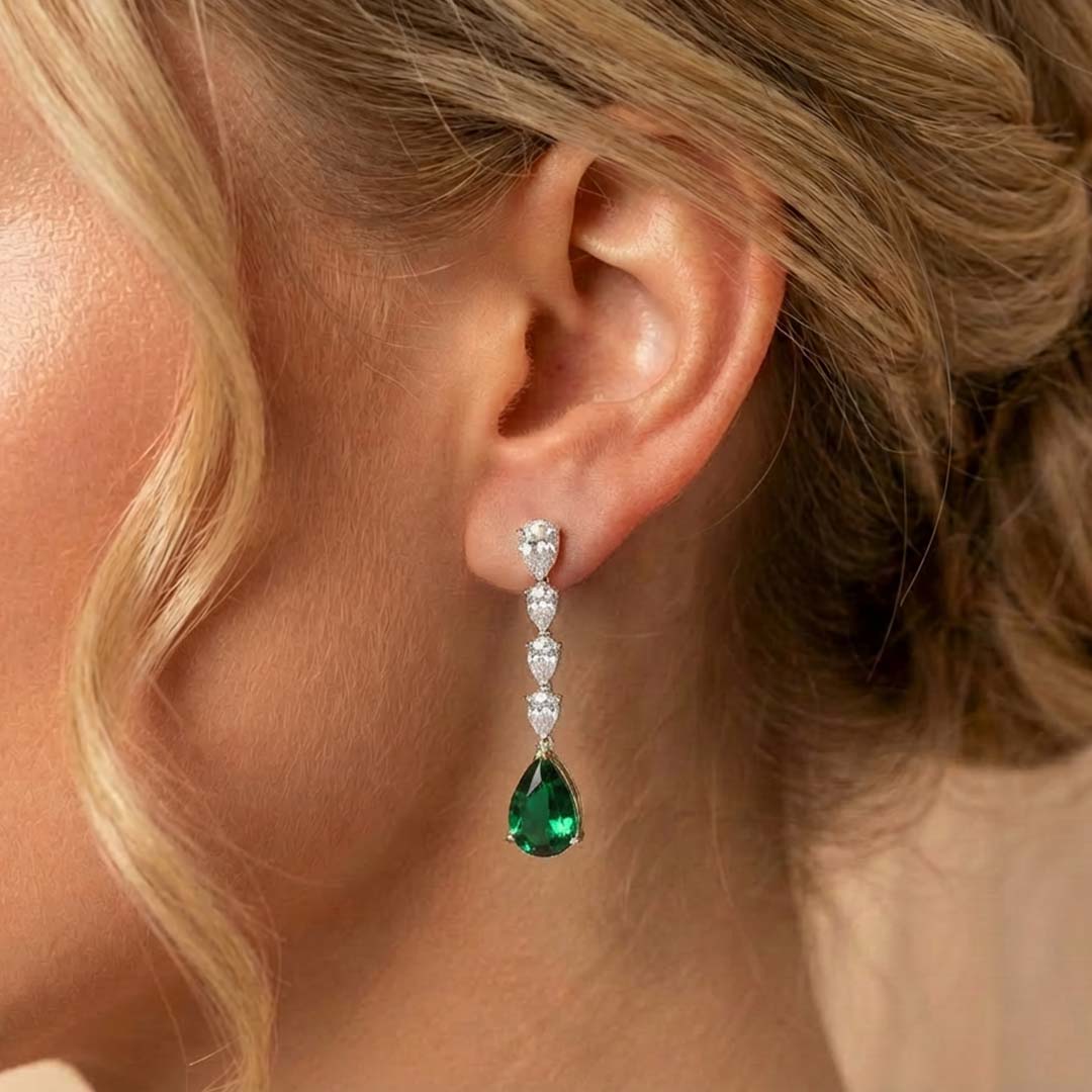 Pear Lab Grown Diamond and Green Emerald Drop Earrings
