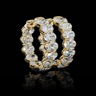 East-West oval lab-grown diamond hoop earrings, 5 carats total weight, yellow gold, inside-out design, 19mm size with 24 small diamonds.