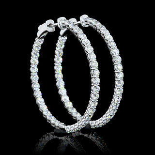 Round lab-grown diamond inside-out hoop earrings, 38mm size with 3 carats total weight, white gold finish, 70-piece set.