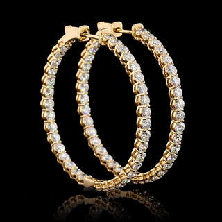 Gold hoop earrings with round lab-grown diamonds, 3 carats total weight, 38mm size, 70 pcs inside-out design from LabGrownDiamonds.com