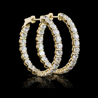 Round lab-grown diamond hoop earrings with inside-out design, 28mm diameter, 4 carats total weight, yellow gold finish.