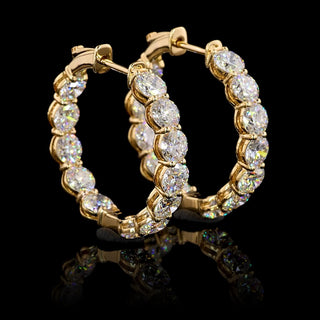 Gold 25mm round lab-grown diamond hoop earrings with inside-out design, 5 carats total weight, 20pt diamonds, set in yellow gold.
