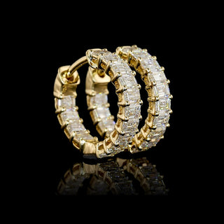 East-West emerald lab-grown diamond huggie earrings with inside-out design, 1.5 carats total weight, 13.3mm, yellow gold, 28 pieces