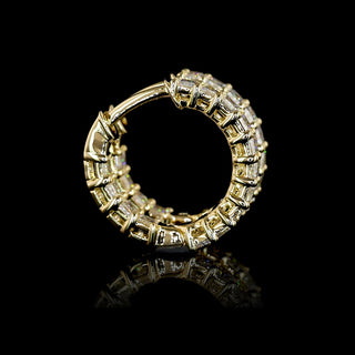 Lab-grown emerald inside-out huggie earrings, 1.5 carat total weight, yellow gold with 28 pieces, 13.3mm size, elegant jewelry.