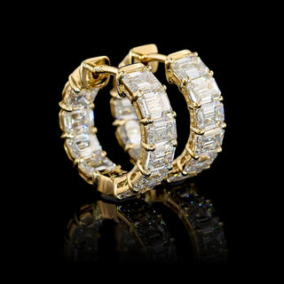 East-West emerald lab-grown diamond huggie earrings with inside-out design, 3 carats total weight, 14mm yellow gold pair.