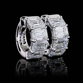 East-West emerald lab-grown diamond huggie earrings with 4 carats total weight in white gold, featuring 8 pieces and 15.6mm size.