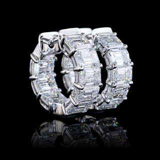 East-West emerald lab-grown diamond huggie earrings, 5 carats total, inside-out design, 16.3mm size, 16k white gold.