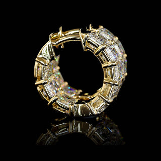 East-West emerald lab-grown diamond huggie earrings with inside-out design, 5 carats total weight, 16.3mm size, yellow gold.