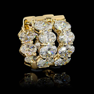 East-West oval lab-grown diamond inside-out huggie earrings with 5 carats total weight, 14k yellow gold, 16mm size, 14-piece set.