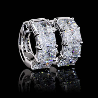 East-West radiant lab-grown diamond huggie earrings, 4 carats total weight, 15.6mm size, set in white gold.