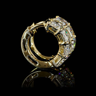Four-carat total weight East-West radiant lab-grown diamond huggie earrings with 15.6mm size and 8-piece yellow gold setting
