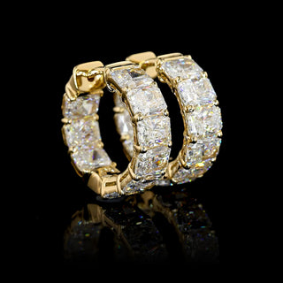 East-west radiant lab-grown diamond huggie earrings, 4 carats total weight, 14.5mm size, yellow gold, inside-out design.