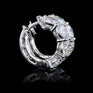 Round 5 carat total weight lab-grown diamond huggie earrings with four stones, 17.3mm size, set in white gold.