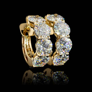 Lab-grown diamond huggie earrings with 5 carats total weight, round cut, 17.3mm size, 8-piece yellow gold setting.