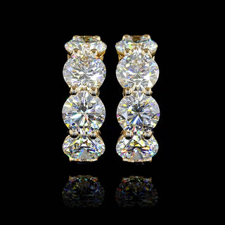 Lab-grown diamond huggie earrings with 5 carats total weight, round cut stones, 17.3mm size, 8-piece yellow gold setting