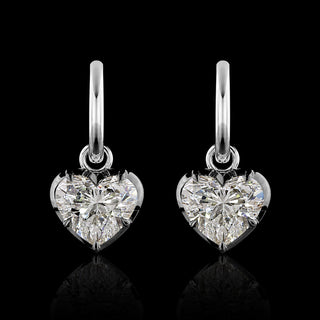 A pair of white gold huggie earrings with 2 carat each heart lab grown diamond drops in a georgian bezel-prong setting with black rhodium. || #total carat weight_4