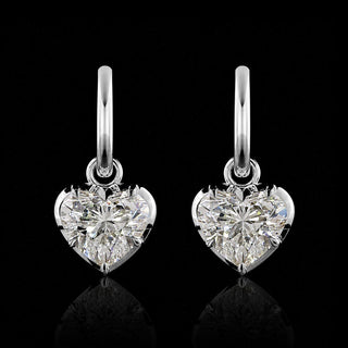 A pair of white gold huggie earrings with 2 carat each heart lab grown diamond drops in a georgian bezel-prong setting. || #total carat weight_4