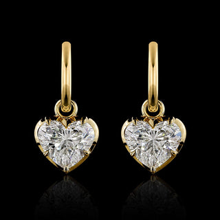 A pair of yellow gold heart shaped huggie drop earrings with 2 carat each heart diamonds in a georgian bezel-prong setting. || #total carat weight_4