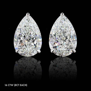 Pear-shaped lab grown diamond stud earrings in 14k white gold, prong setting, 16 carat total weight (8 carats each).