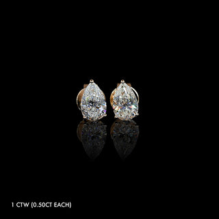 Pear-shaped lab grown diamond stud earrings in 14k rose gold, prong setting, 1 CTW (0.5 carats each).