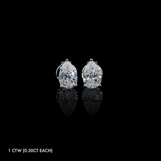 Pear-shaped lab grown diamond stud earrings in 14k white gold, prong setting, 1 CTW (0.5 carats each).