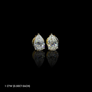 Pear-shaped lab grown diamond stud earrings in 14k yellow gold, prong setting, 1 CTW (0.5 carats each).