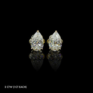 Pear-shaped lab grown diamond stud earrings in 14k yellow gold, claw prong setting, 2 carats total (1 carat each).