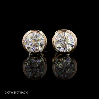 Round lab grown diamond stud earrings in 14k rose gold, bezel setting, 2 carats total (1 carat each). || #metal_rose gold