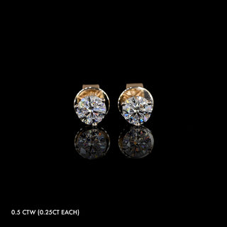 Mini lab grown diamond round stud earrings with 0.5 carat total weight in rose gold, featuring a classic three-prong martini setting. || #metal_rose gold