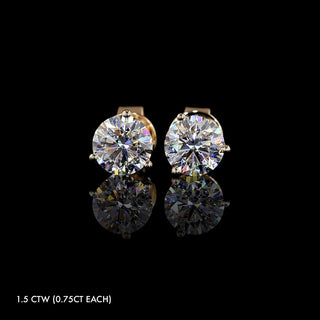 Petite lab grown diamond round stud earrings with 1.5 carat total weight (0.75 carats each) in rose gold, in a classic three-prong martini setting. || #total carat weight_1.5 #metal_rose gold