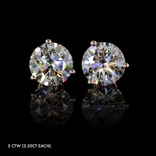 Round lab grown diamond stud earrings with three-prong martini settings, 5 carats total weight (2.5 carats each) in rose gold. || #metal_rose gold