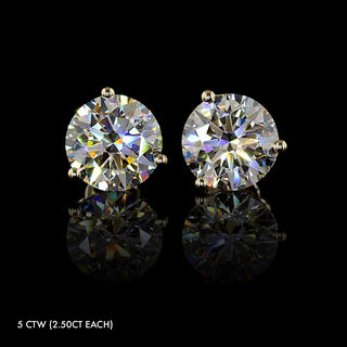 Round lab grown diamond stud earrings with three-prong martini settings, 5 carats total weight (2.5 carats each) in yellow gold. || #metal_yellow gold
