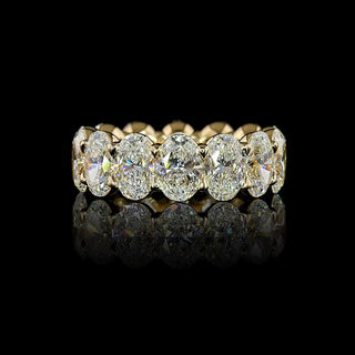 Oval lab-grown diamond eternity band with 9 carats total weight, 14 yellow gold setting, featuring claw prongs in size 6.5.