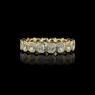 Lab Grown Diamonds 2 carat total weight radiant bezel eternity band with 10pt diamonds, size 5.75, 18k yellow gold.