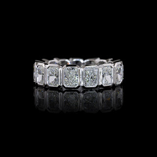 Four carat total weight radiant bezel lab-grown diamond eternity band with 15 white gold set diamonds, size 5.75.