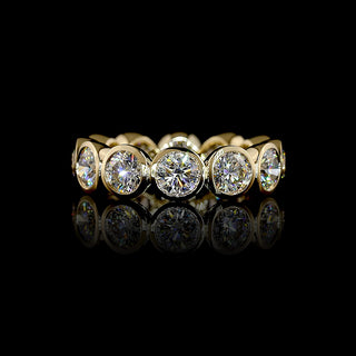 Lab Grown Diamonds 5 CTW round bezel eternity band with 12 yellow gold rings and sparkling diamonds in size 6.5.