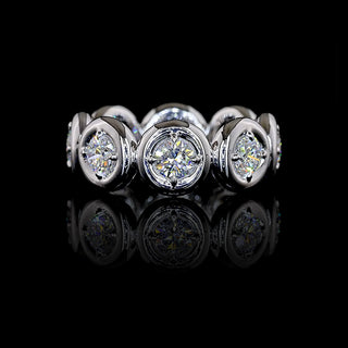 Round lab grown diamond eternity band in 14k white gold, puffy bezel setting, 2 carat total weight. || #metal_white gold
