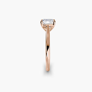 Cathedral solitaire engagement ring setting in rose gold showing the tapered band profile, with an asscher-cut lab grown diamond. || #metal_rose gold #diamond shape_asscher