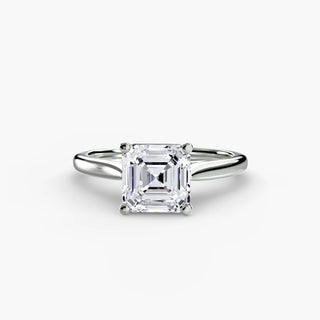 Cathedral solitaire engagement ring setting in white gold, featuring an asscher-cut lab grown diamond. || #metal_white gold|platinum #diamond shape_asscher
