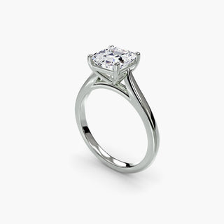 Cathedral solitaire engagement ring setting in white gold with an asscher-cut lab grown diamond, three-quarter view. || #metal_white gold|platinum #diamond shape_asscher