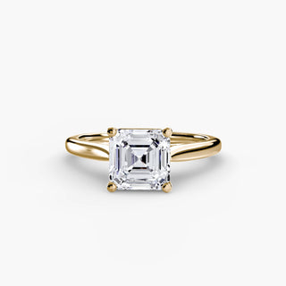 Cathedral solitaire engagement ring setting in yellow gold, featuring an asscher-cut lab grown diamond. || #metal_yellow gold #diamond shape_asscher