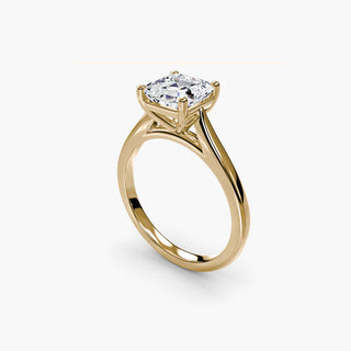 Cathedral solitaire engagement ring setting in yellow gold with an asscher-cut lab grown diamond, three-quarter view. || #metal_yellow gold #diamond shape_asscher